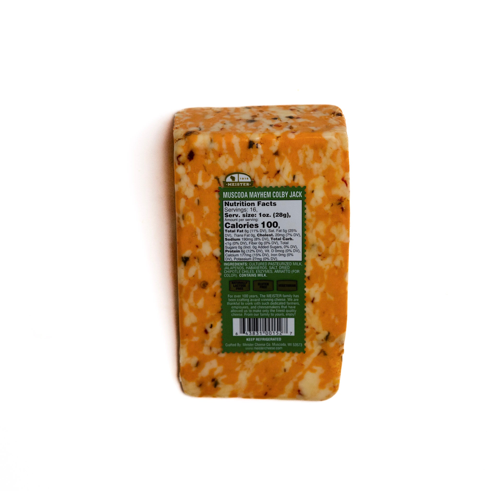 Wedge of Meister Muscoda Mayhem Colby Jack cheese with nutrition facts panel