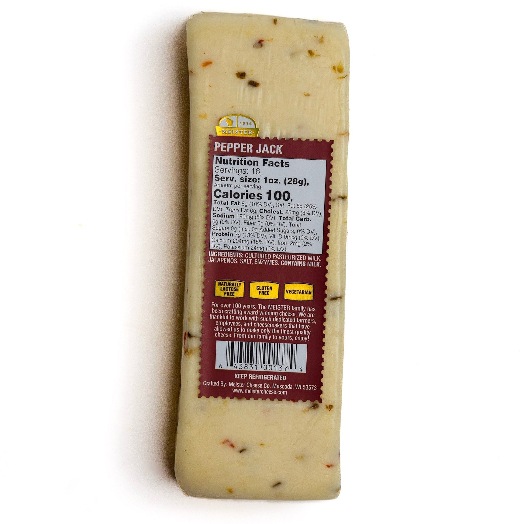 Block of Meister pepper jack cheese with a nutrition facts label