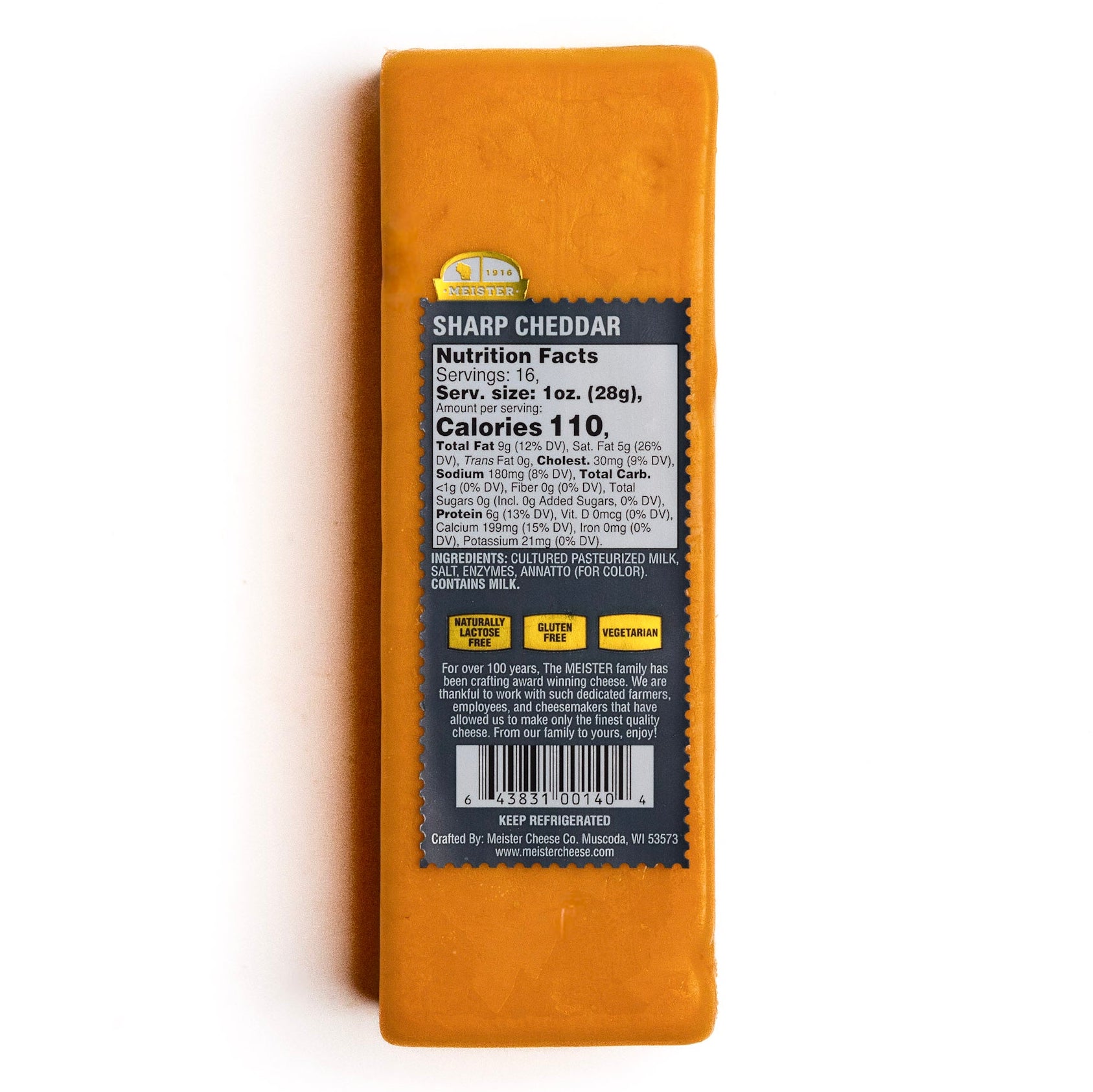 Block of Meister sharp cheddar cheese with a nutrition label
