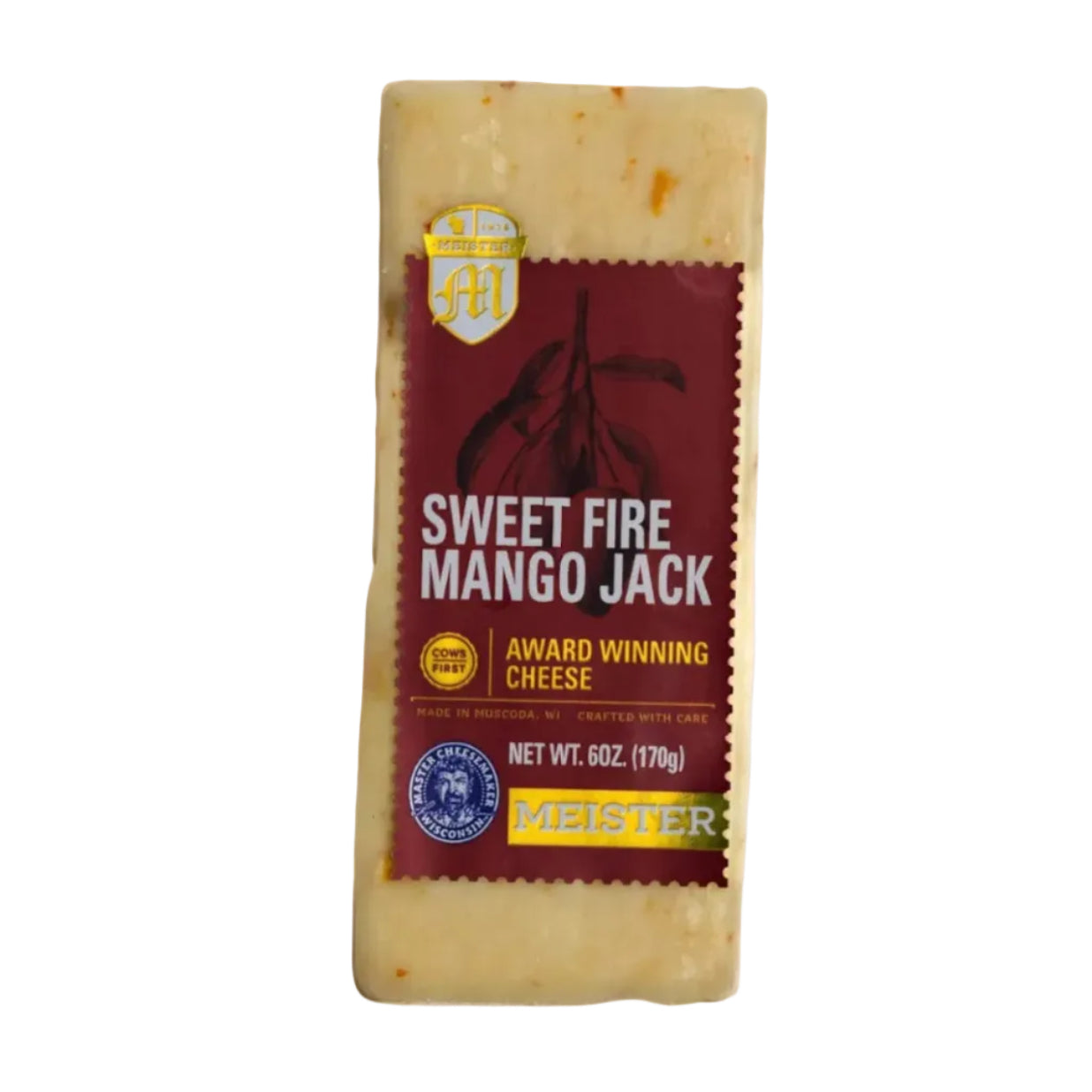 Block of Meister Sweet Fire Mango Jack cheese with packaging on a white background