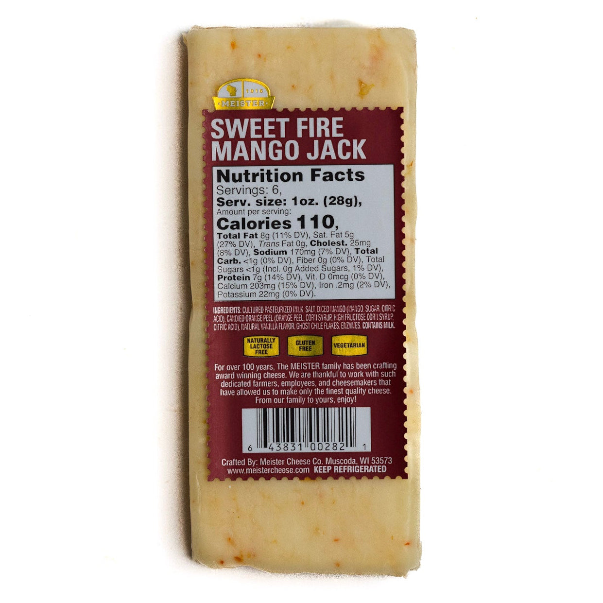 Block of Meister Sweet Fire Mango cheese with a nutrition label