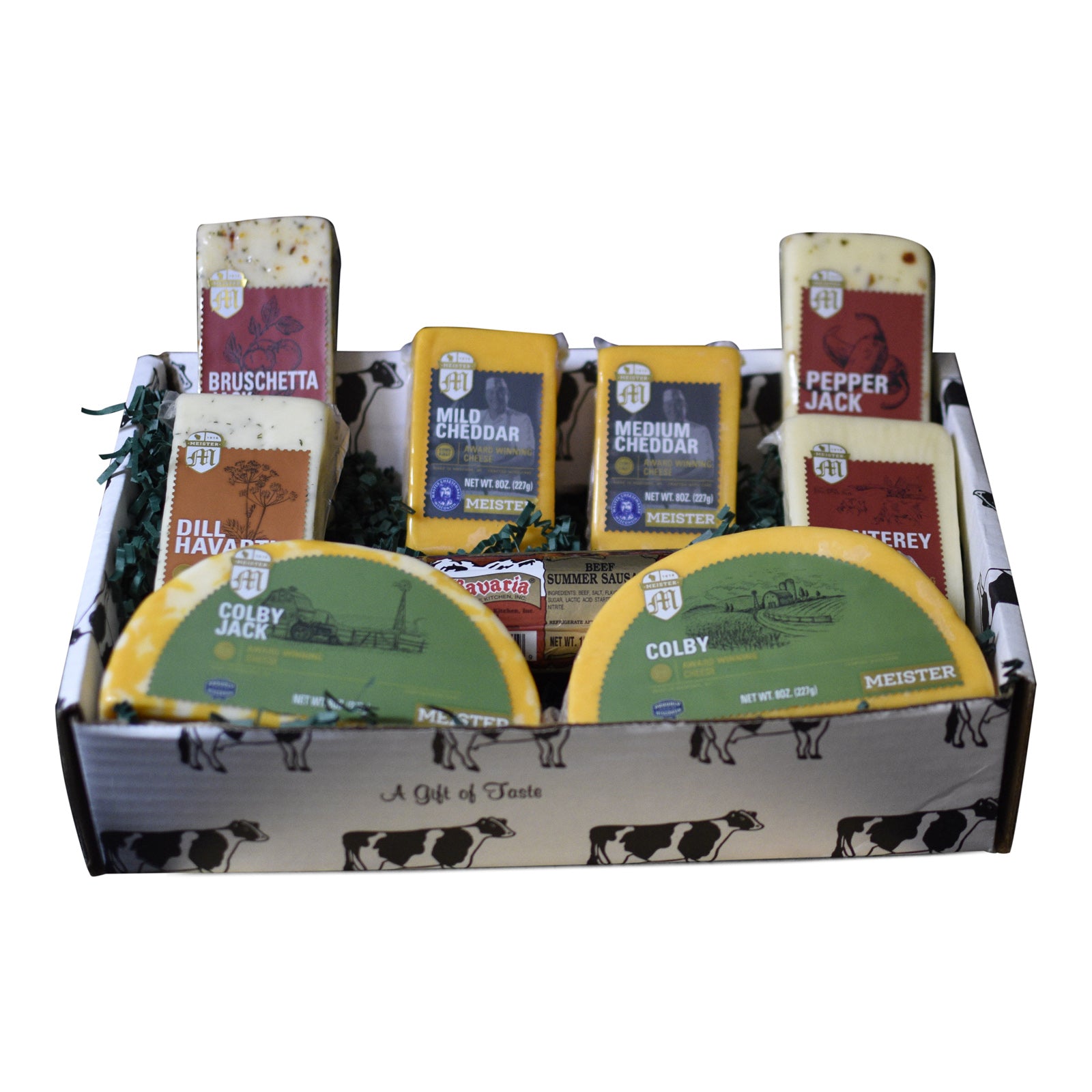 A gift box containing various Meister cheeses and a beef summer sausage.