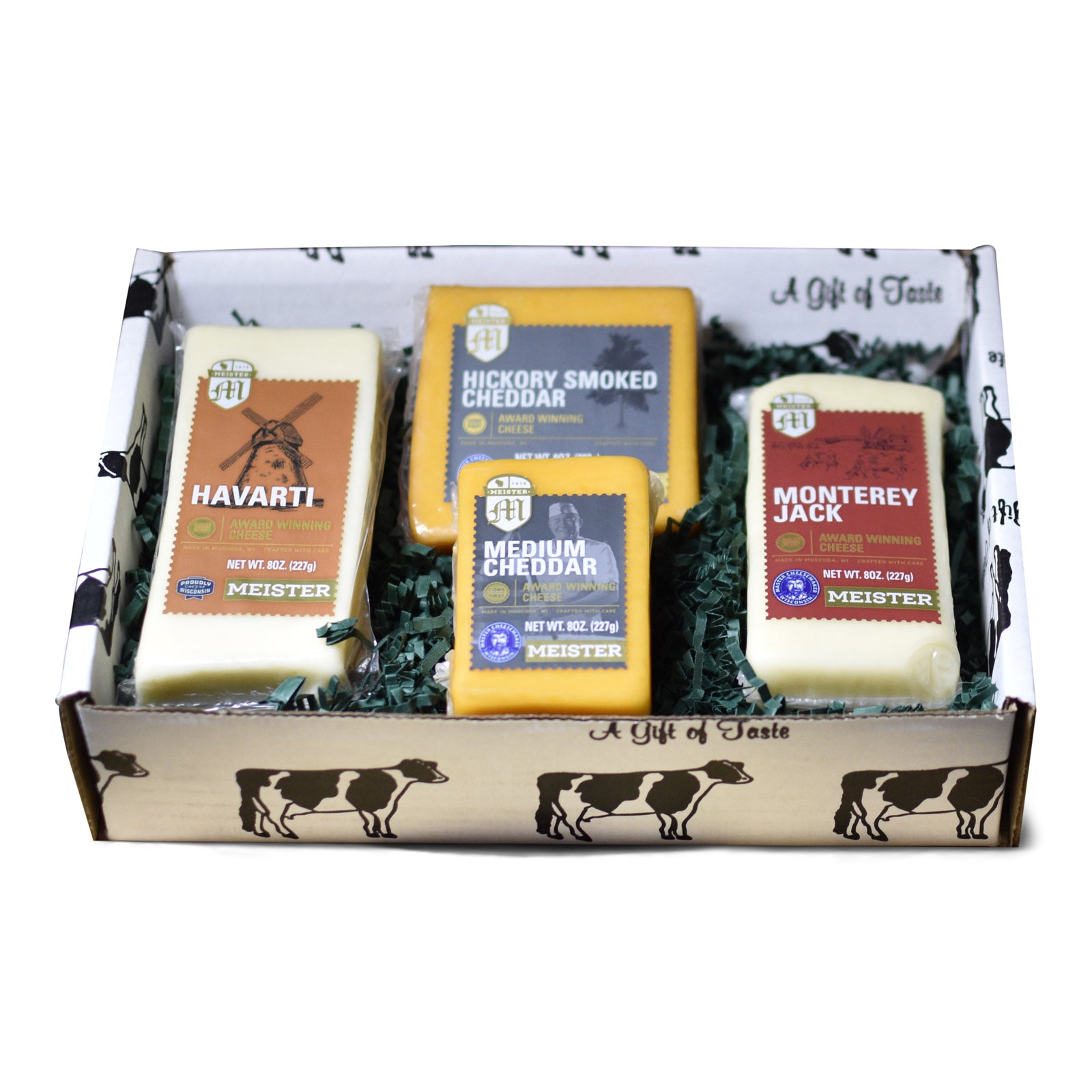 A variety of Meister cheeses arranged in a gift box