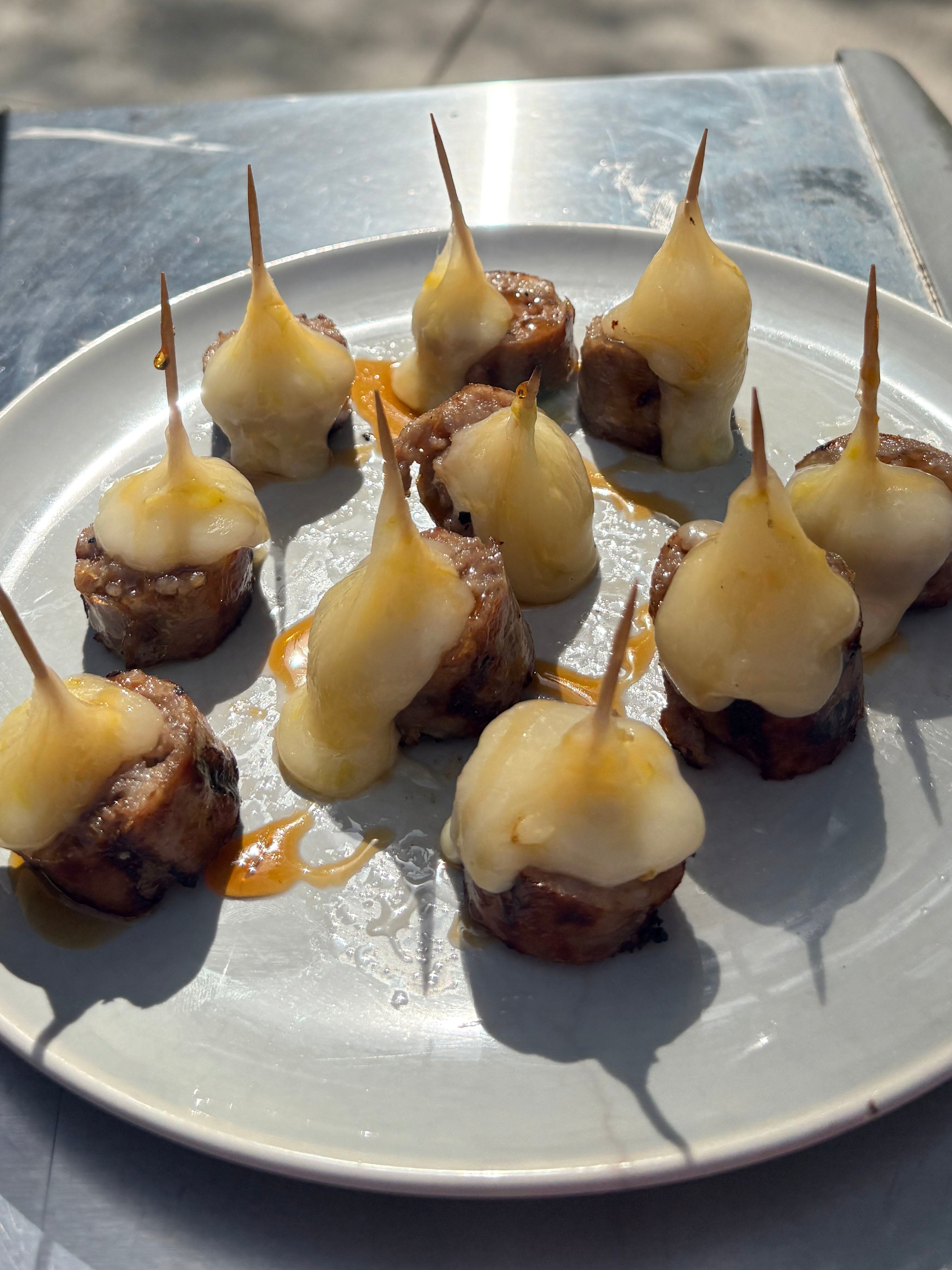 Grilled Cheesy Brat Bites with Hot Honey