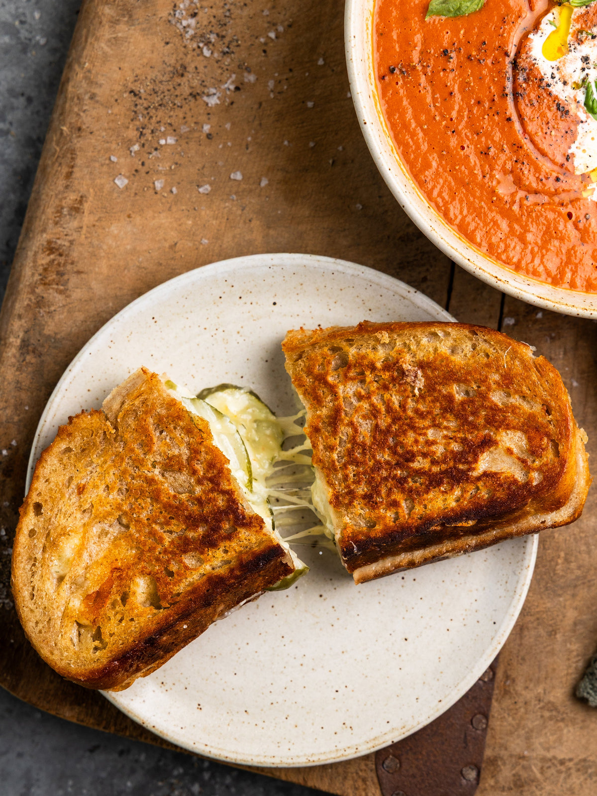 Spicy Dill Pickle Grilled Cheese with Tomato Soup