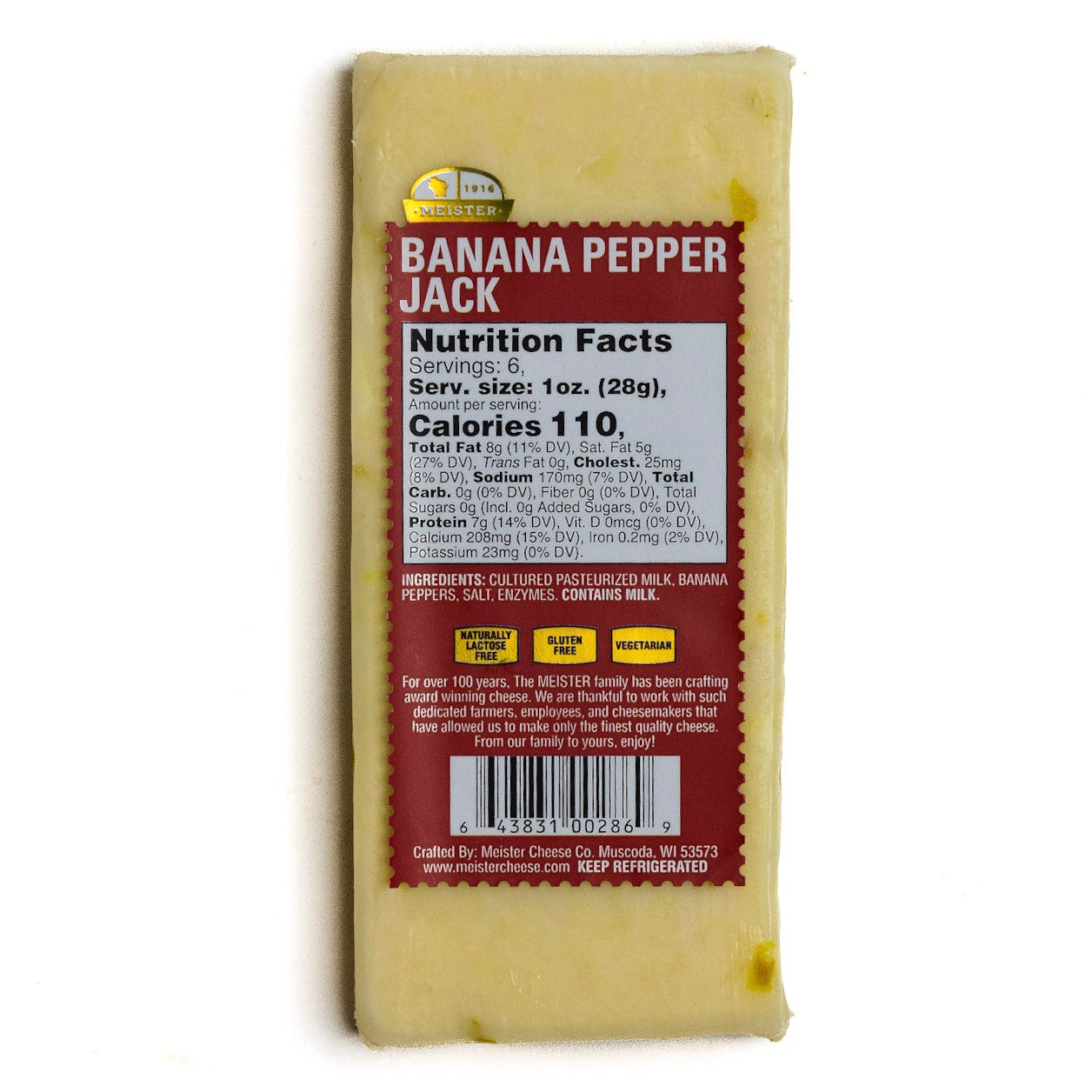 Block of Meister banana pepper jack cheese with nutrition label