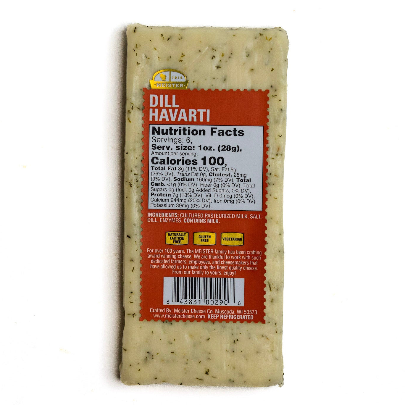 Block of Meisters dill havarti cheese with nutrition facts