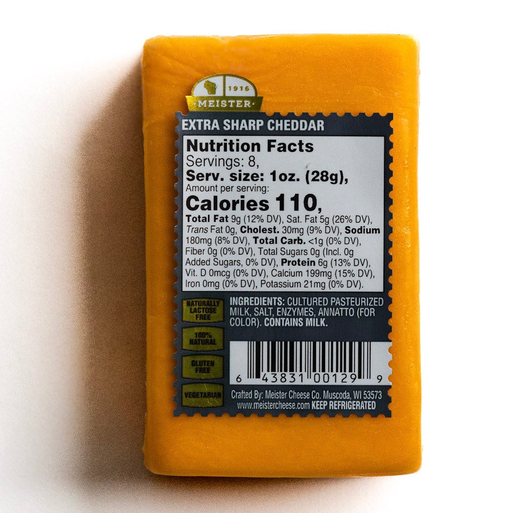 Block of Meister Extra Sharp cheddar cheese with nutrition facts