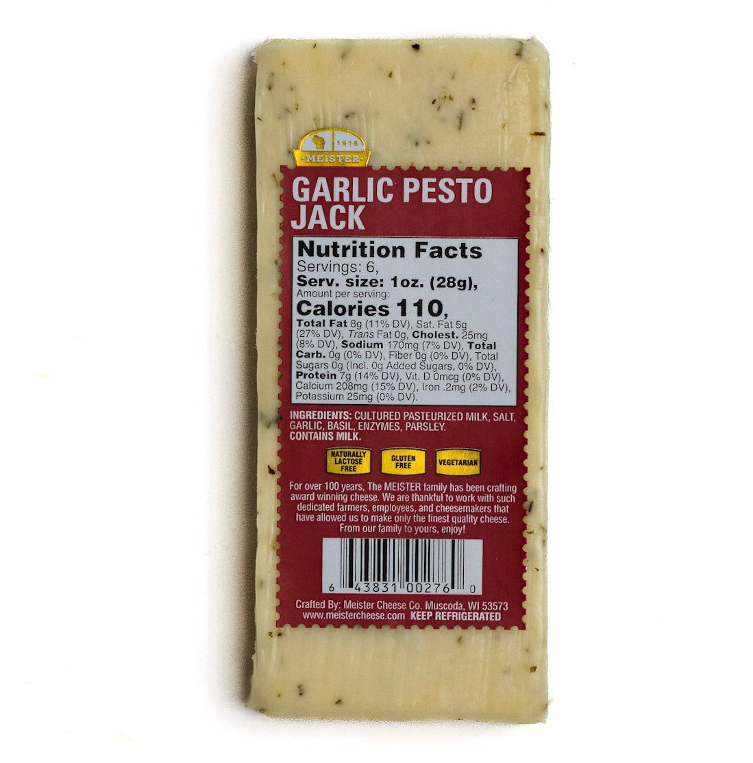 Block of Meister Garlic Pesto Jack cheese with nutrition label 