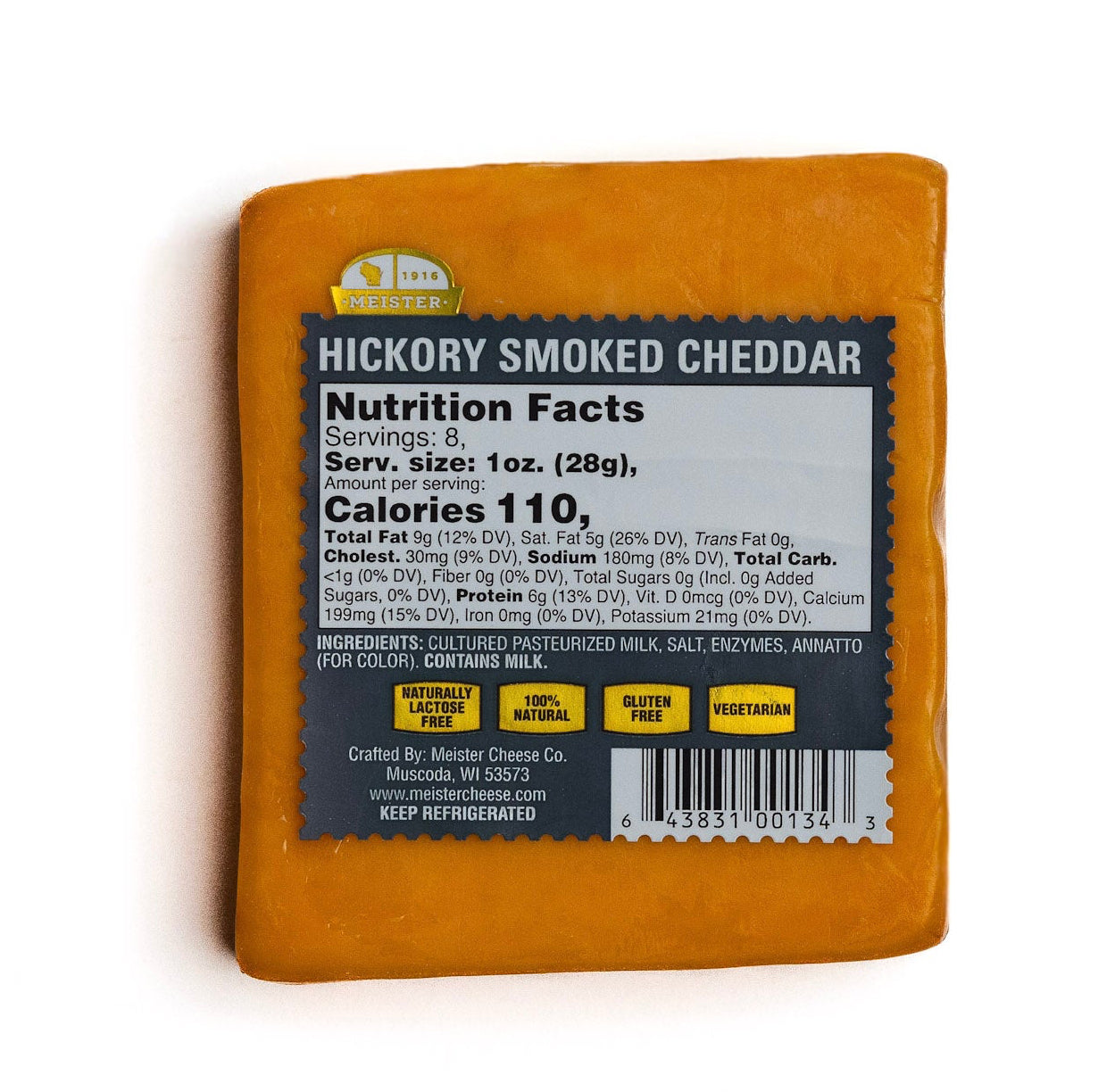 Meister Hickory Smoked Cheddar cheese block with nutrition label on a white background
