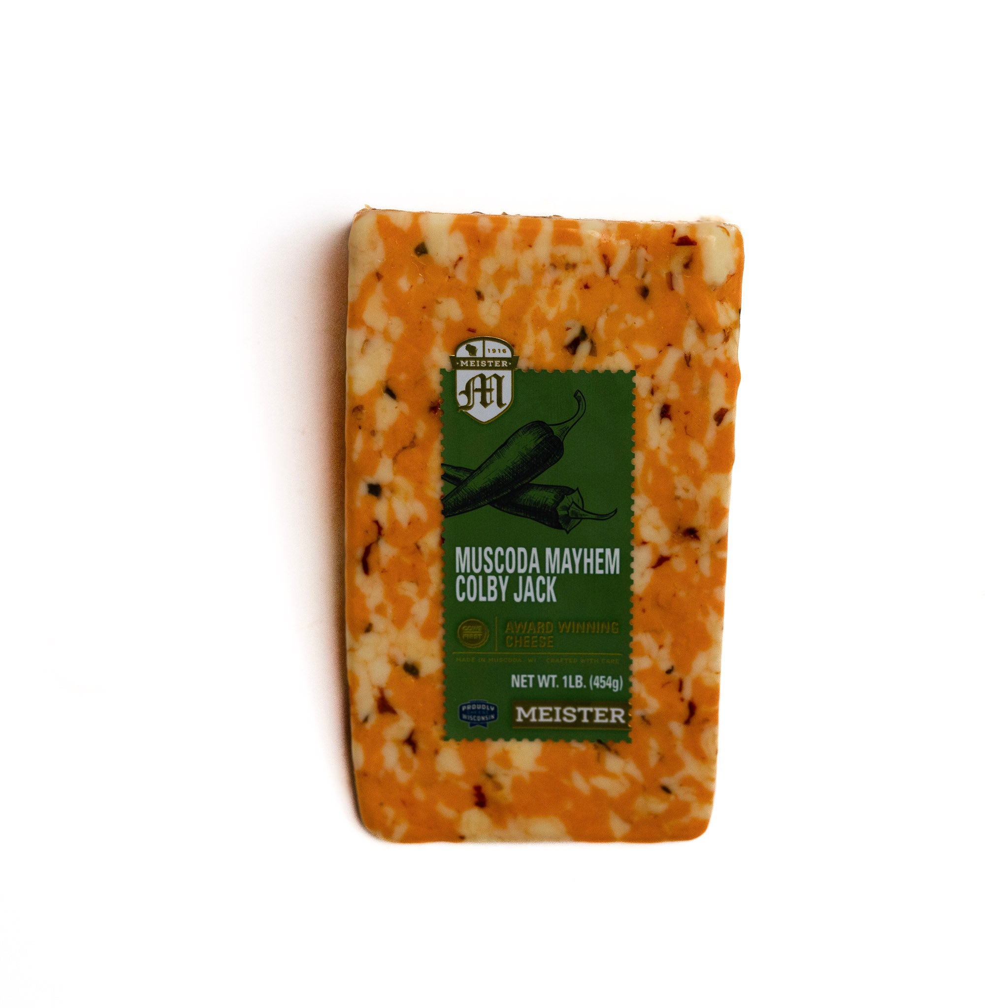 A wedge of Meister Muscoda Mayhem Colby Jack cheese 