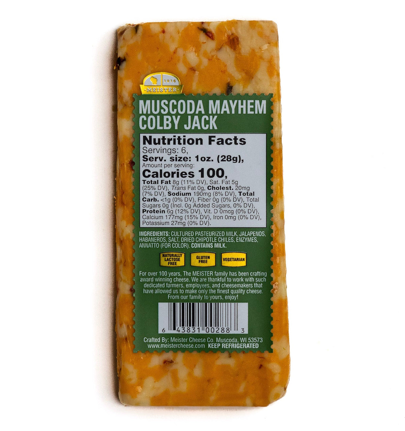 Block of Meister Muscoda Mayhem Colby Jack cheese with a nutrition facts label 