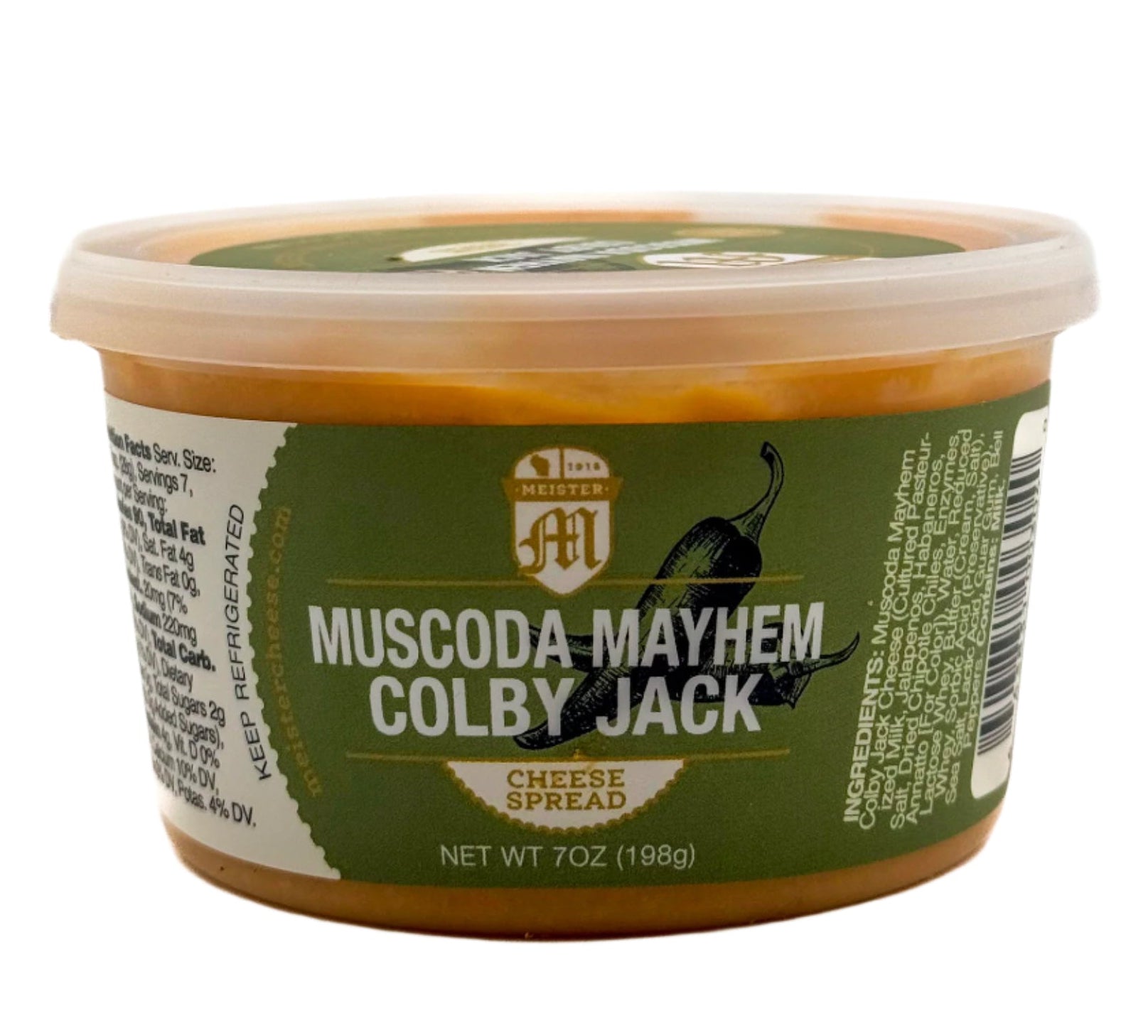 Container of Meister Muscoda Mayhem Colby Jack cheese spread 