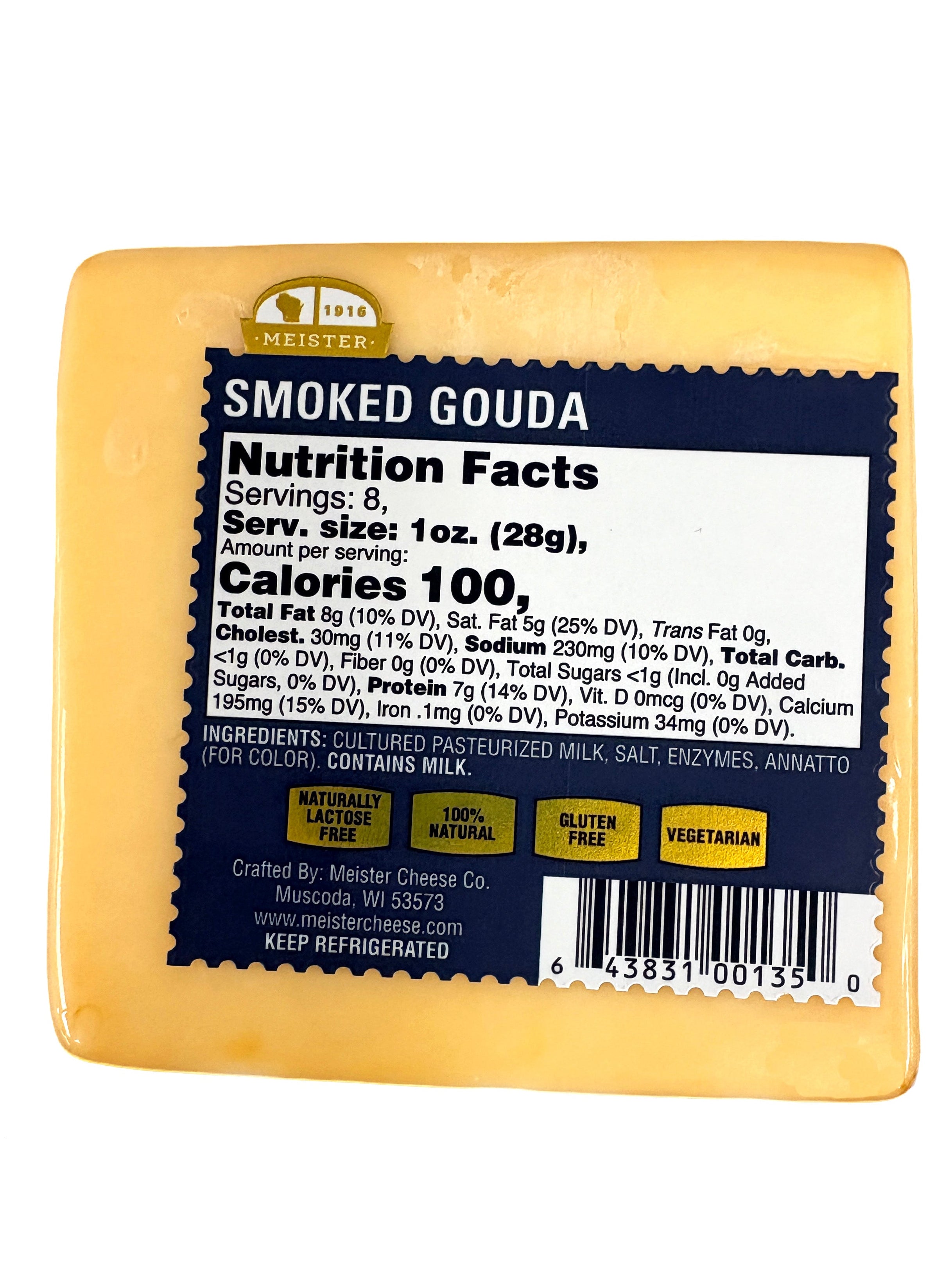 A block of Meister smoked Gouda cheese with nutrition facts