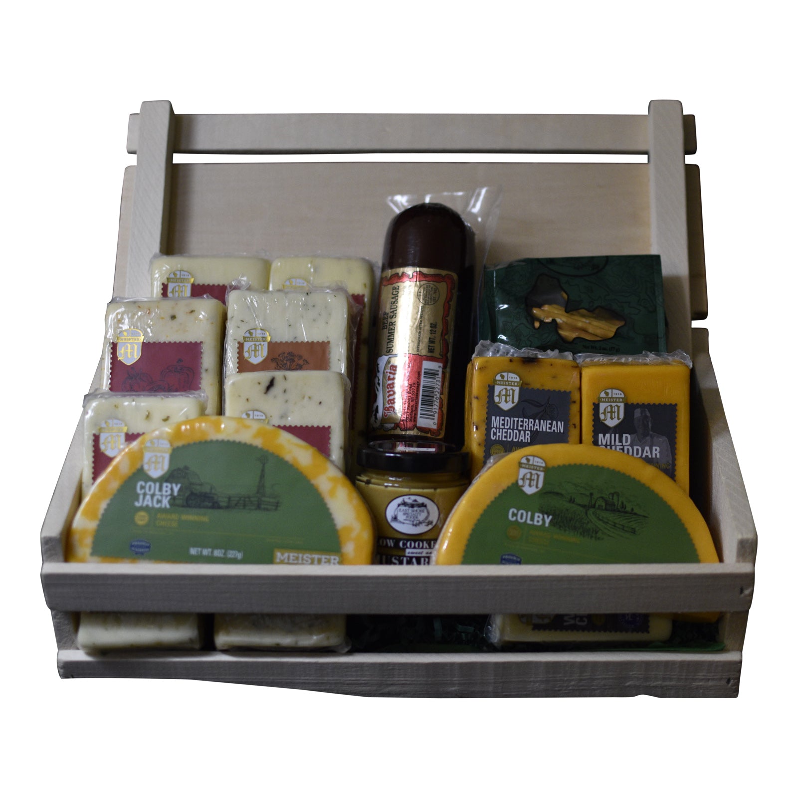 A wooden gift basket containing an assortment of Meister cheese flavors, beef summer sausage, mustard, and pretzels.
