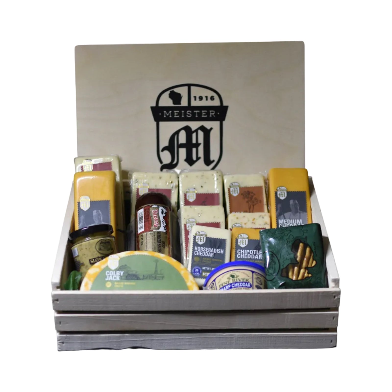 A variety of Meister cheeses and meats neatly arranged in a wooden crate with a lid